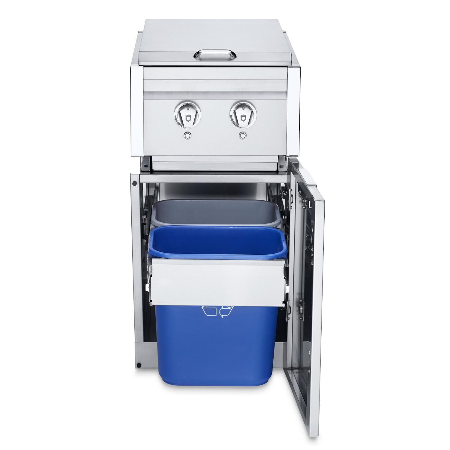 Crown Verity Infinite Series 18 Inch Stainless Steel Freestanding Cabinet Module with Propane Gas Double Side Burner Light Package  and  Garbage Bin Holder   Bulk Propane Tank
