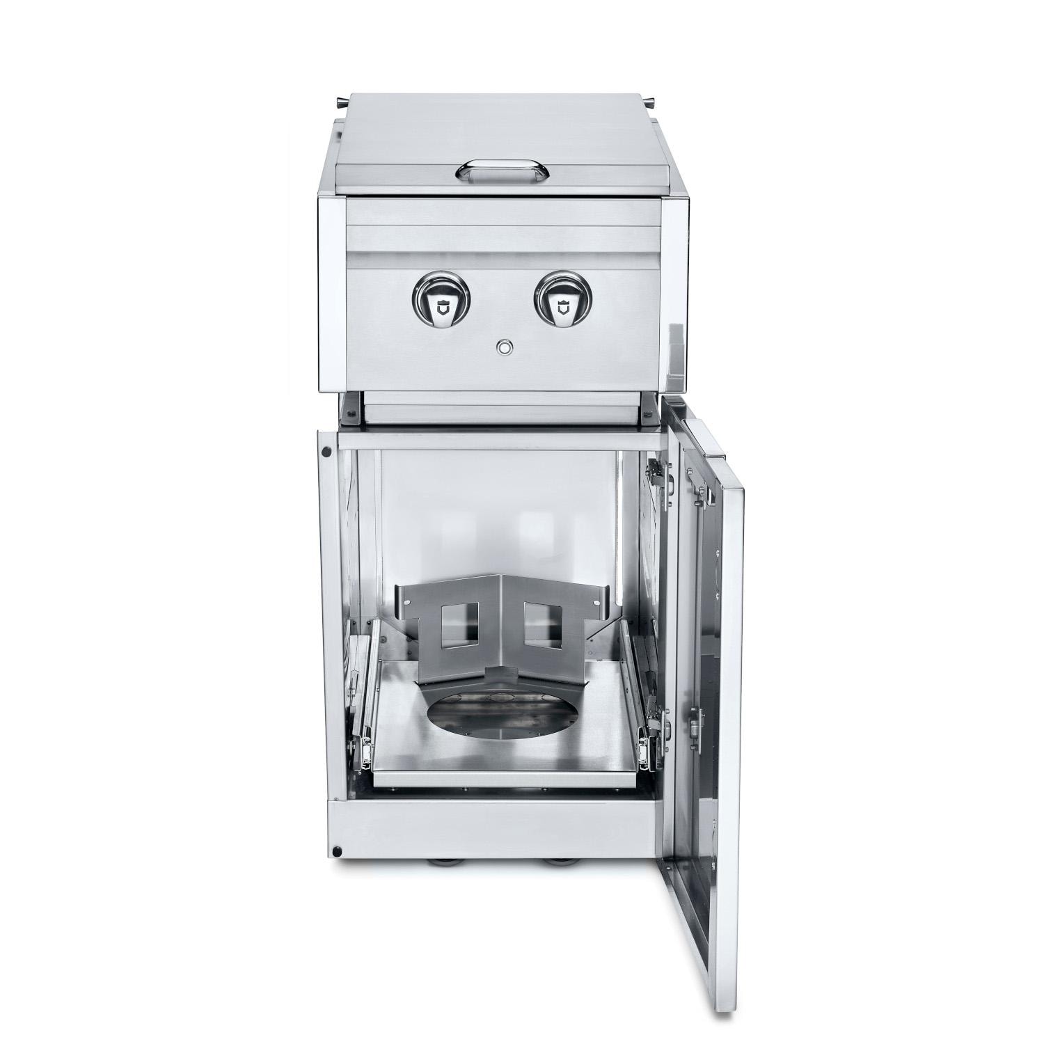 Crown Verity Infinite Series 18 Inch Stainless Steel Freestanding Cabinet Module with Propane Gas Double Side Burner  and  Propane Tank Holder   20 Lb Propane Tank