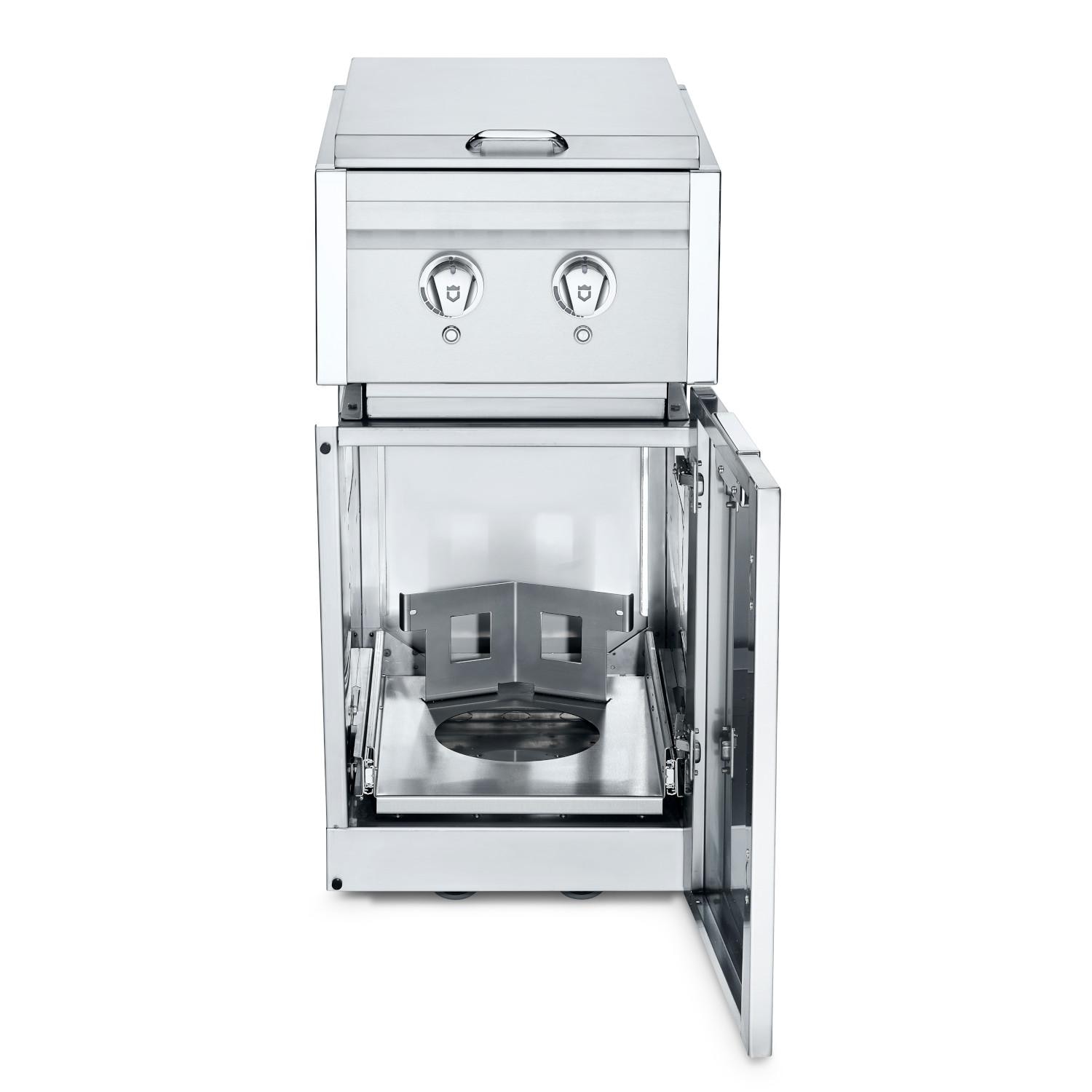 Crown Verity Infinite Series 18 Inch Stainless Steel Freestanding Cabinet Module with Propane Gas Double Side Burner Propane Tank Holder  and  Light Package   20 Lb Propane Tank