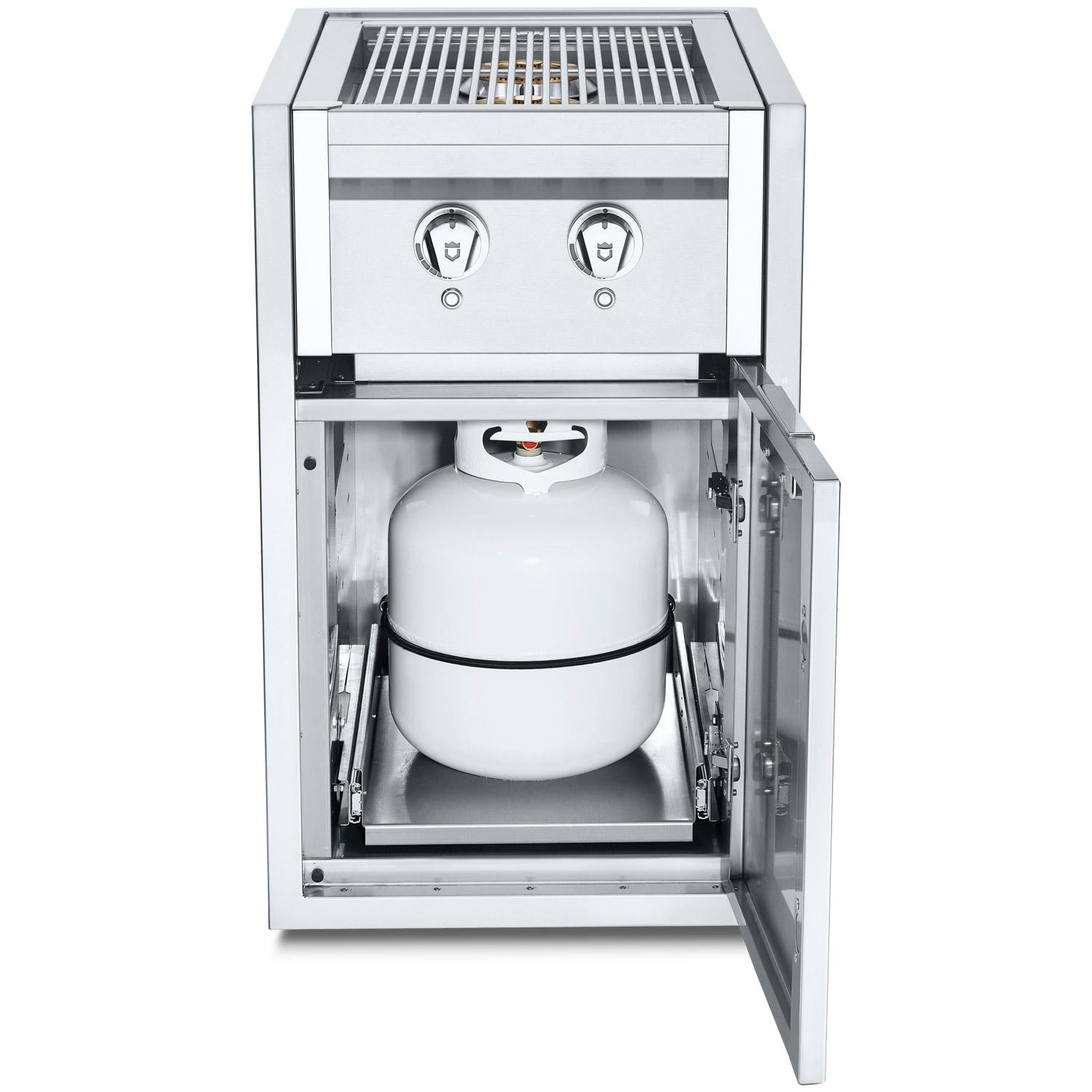 Crown Verity Infinite Series 21 Inch Enclosed Cabinet Storage with Propane Gas Double Side Burner Propane Tank Holder and LED Lighting