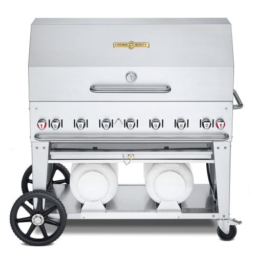 Crown Verity Professional Club Series 48 Inch 7 Burner Stainless Steel Freestanding Propane Gas Grill with Dome Package  and  Horizontal Tank Storage