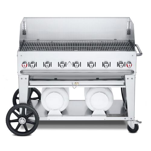 Crown Verity Professional Club Series 48 Inch 7 Burner Stainless Steel Freestanding Propane Gas Grill with Windguard  and  Horizontal Tank Storage