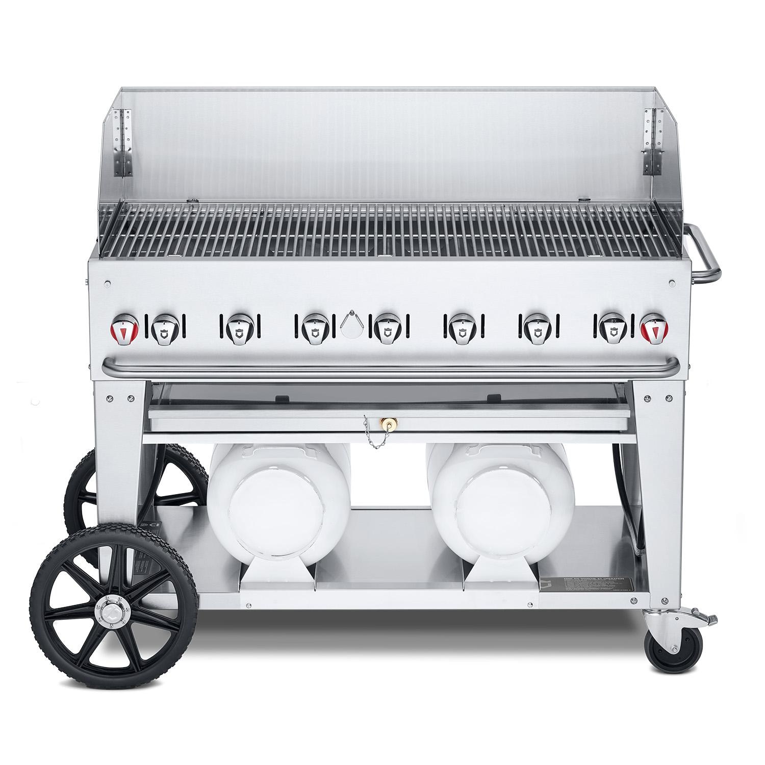 Crown Verity Professional Club Series 48 Inch 7 Burner Stainless Steel Freestanding Propane Gas Grill with Windguard  and  Horizontal Tank Storage