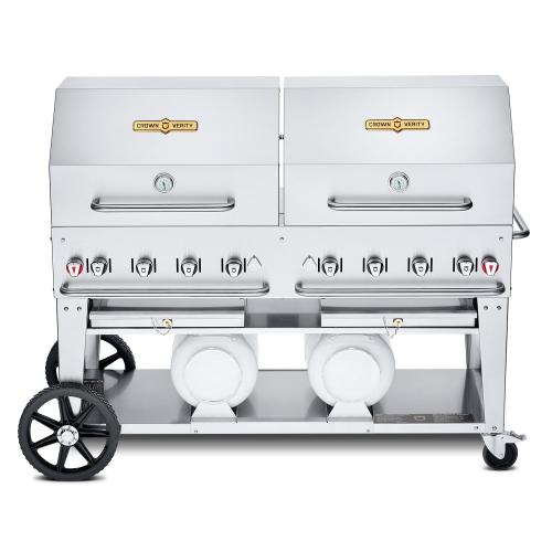 Crown Verity Professional Club Series 60 Inch 8 Burner Stainless Steel Freestanding Propane Gas Grill with Double Dome Package  and  Horizontal Tank Storage