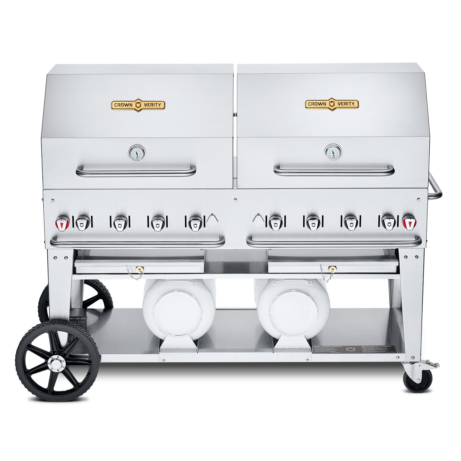 Crown Verity Professional Club Series 60 Inch 8 Burner Stainless Steel Freestanding Propane Gas Grill with Double Dome Package  and  Horizontal Tank Storage