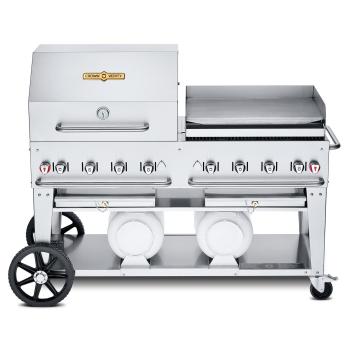 Crown Verity Professional Club Series 60 Inch 8 Burner Stainless Steel Freestanding Propane Gas Grill with Single Dome Package Griddle and Horizontal Tank Storage350