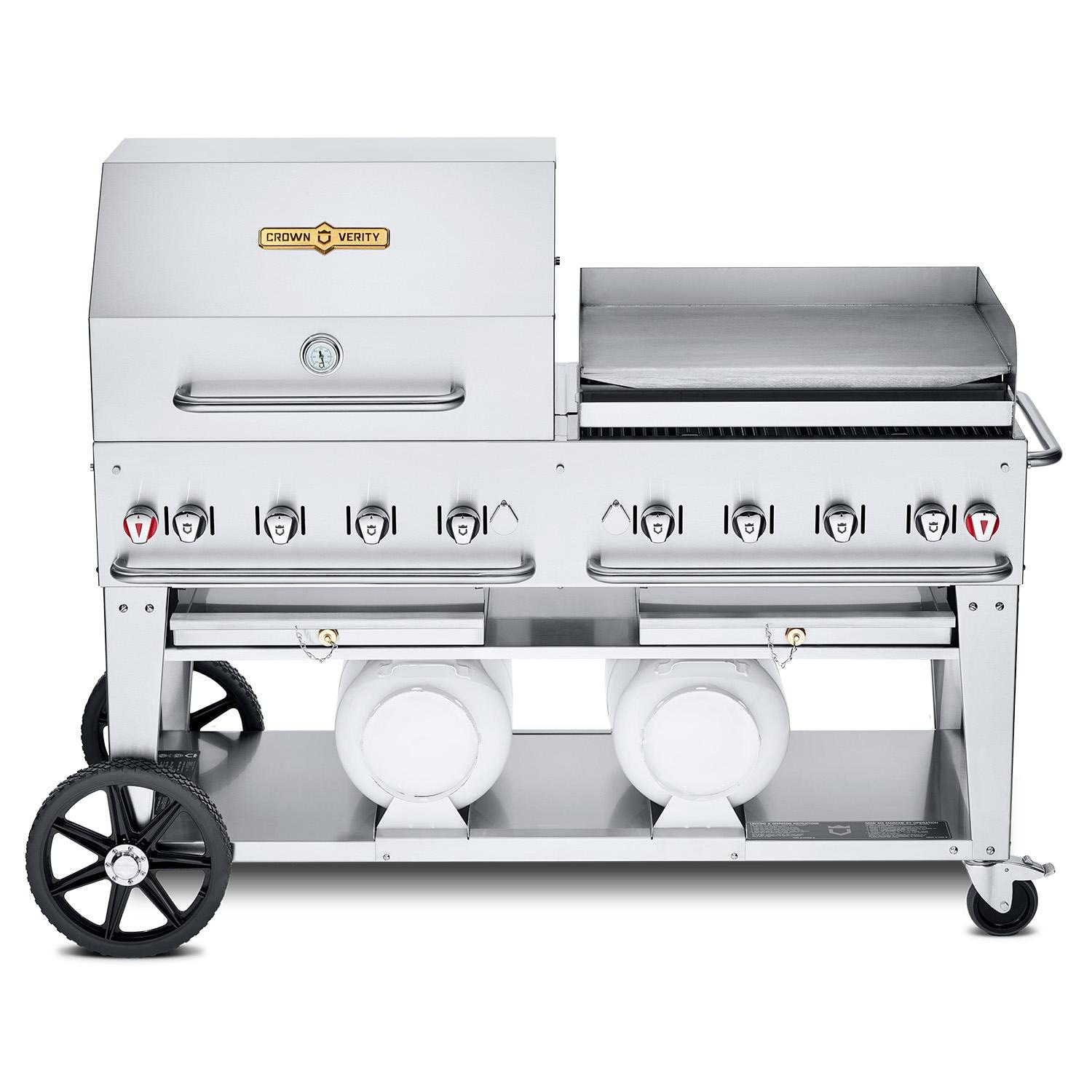 Crown Verity Professional Club Series 60 Inch 8 Burner Stainless Steel Freestanding Propane Gas Grill with Single Dome Package Griddle  and  Horizontal Tank Storage