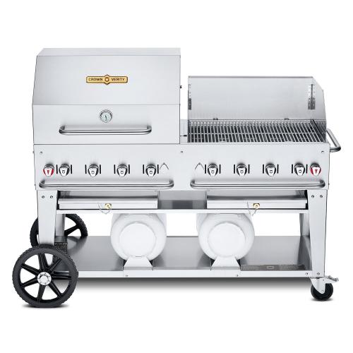 Crown Verity Professional Club Series 60 Inch 8 Burner Stainless Steel Freestanding Propane Gas Grill with Single Dome Package Windguard  and  Horizontal Tank Storage