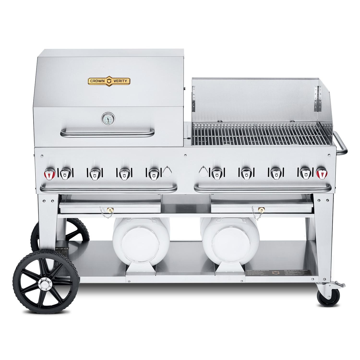 Crown Verity Professional Club Series 60 Inch 8 Burner Stainless Steel Freestanding Propane Gas Grill with Single Dome Package Windguard  and  Horizontal Tank Storage