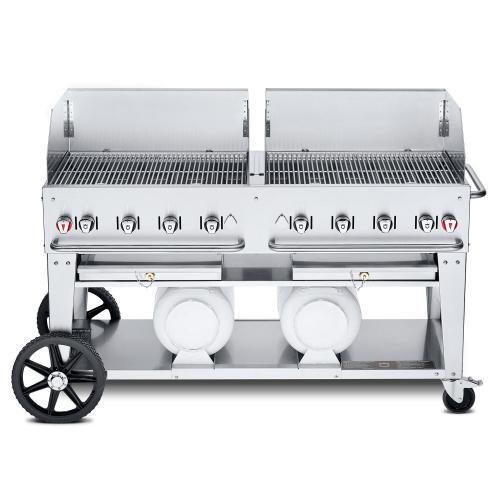 Crown Verity Professional Club Series 60 Inch 8 Burner Stainless Steel Freestanding Propane Gas Grill with Windguards  and  Horizontal Tank Storage