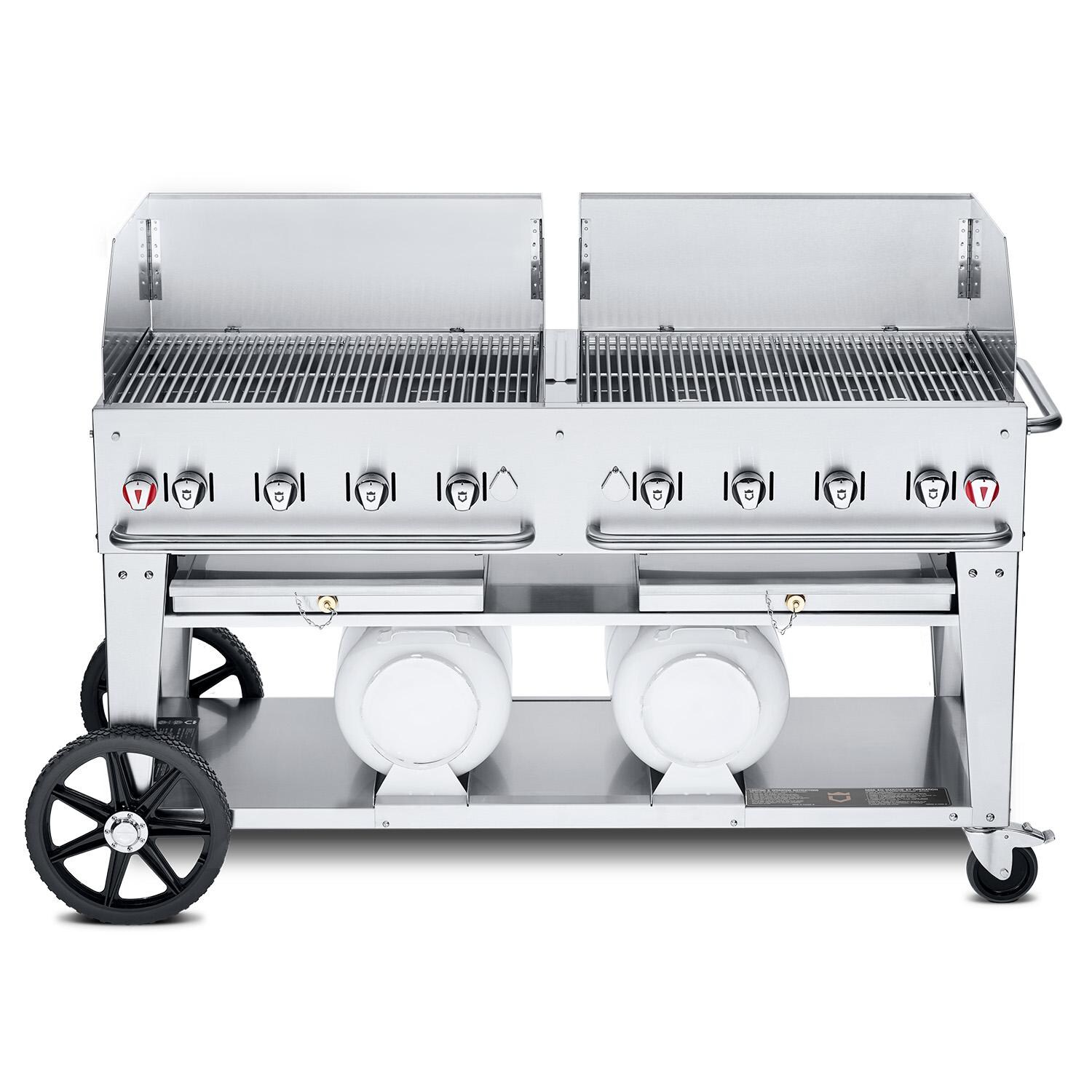 Crown Verity Professional Club Series 60 Inch 8 Burner Stainless Steel Freestanding Propane Gas Grill with Windguards  and  Horizontal Tank Storage