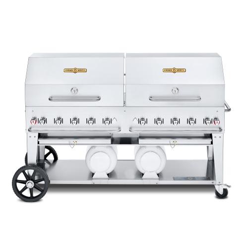 Crown Verity Professional Club Series 72 Inch 10 Burner Stainless Steel Freestanding Propane Gas Grill with Double Dome Package  and  Horizontal Tank Storage