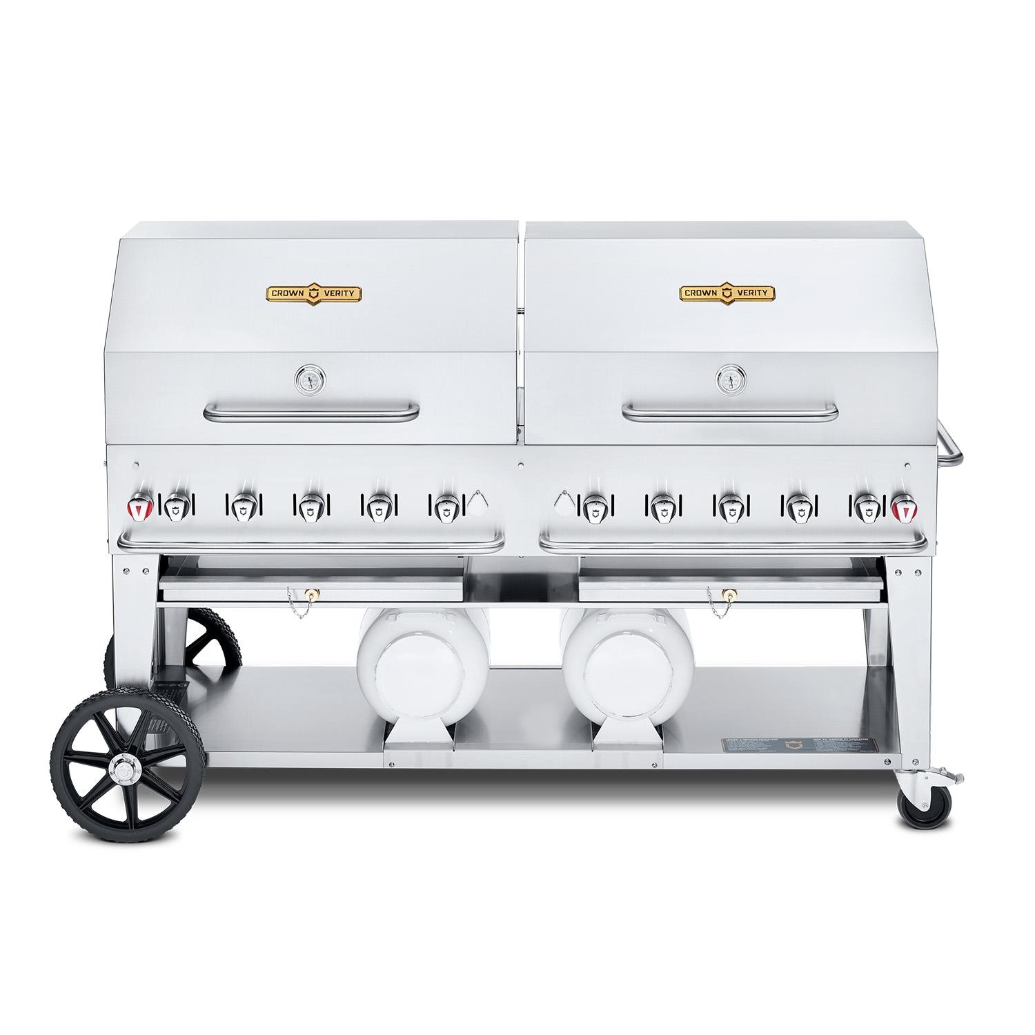 Crown Verity Professional Club Series 72 Inch 10 Burner Stainless Steel Freestanding Propane Gas Grill with Double Dome Package  and  Horizontal Tank Storage