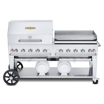 Crown Verity Professional Club Series 72 Inch 10 Burner Stainless Steel Freestanding Propane Gas Grill with Single Dome Package Griddle and Horizontal Tank Storage350