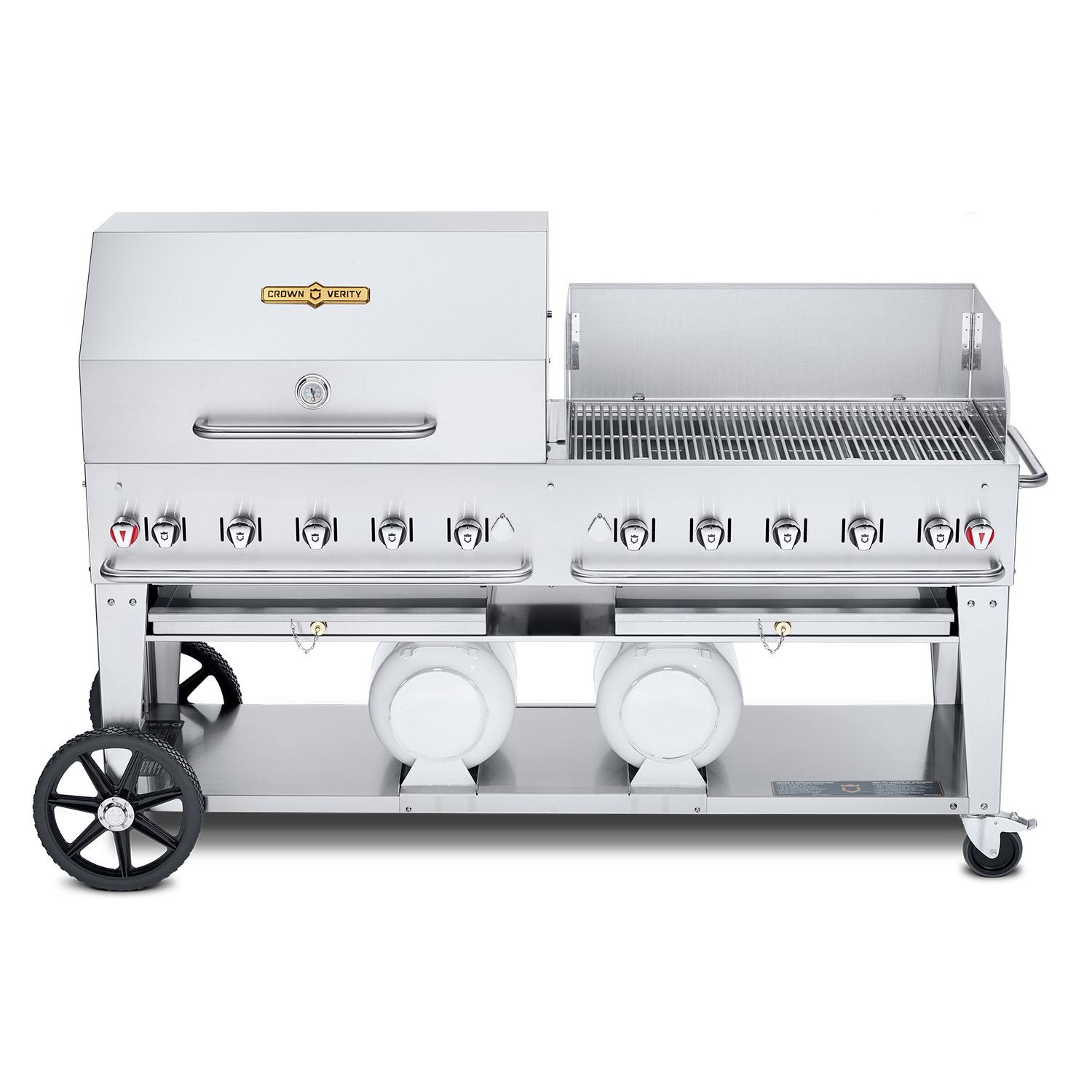 Crown Verity Professional Club Series 72 Inch 10 Burner Stainless Steel Freestanding Propane Gas Grill with Single Dome Package Windguard  and  Horizontal Tank Storage