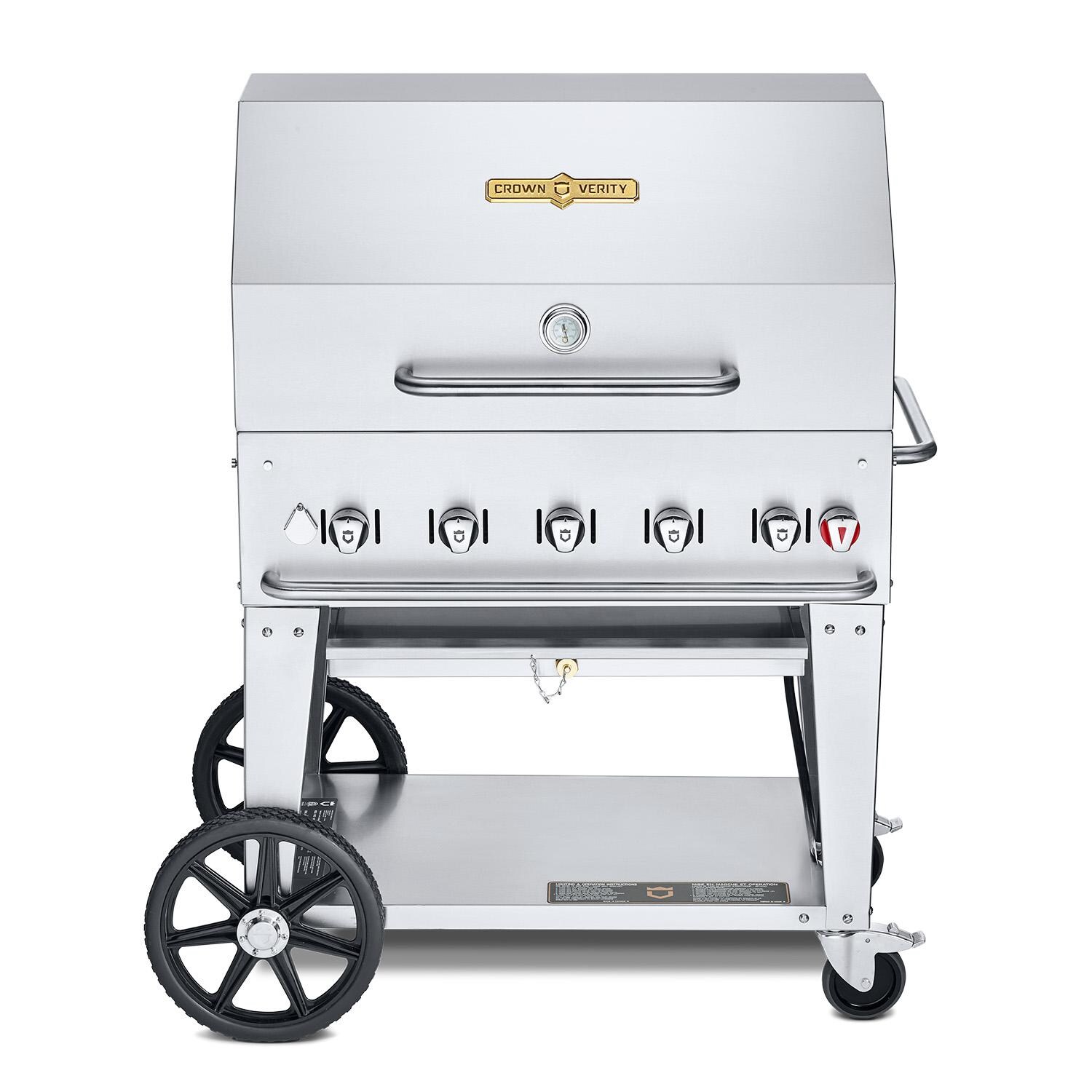 Crown Verity Professional Mobile Series 36 Inch 5 Burner Stainless Steel Freestanding Natural Gas Grill with Dome Package
