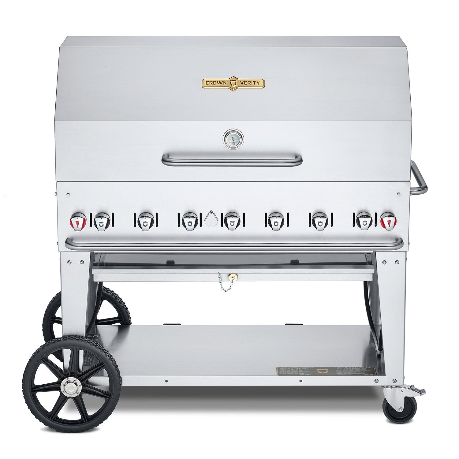 Crown Verity Professional Mobile Series 48 Inch 7 Burner Stainless Steel Freestanding Natural Gas Grill with Dome Package