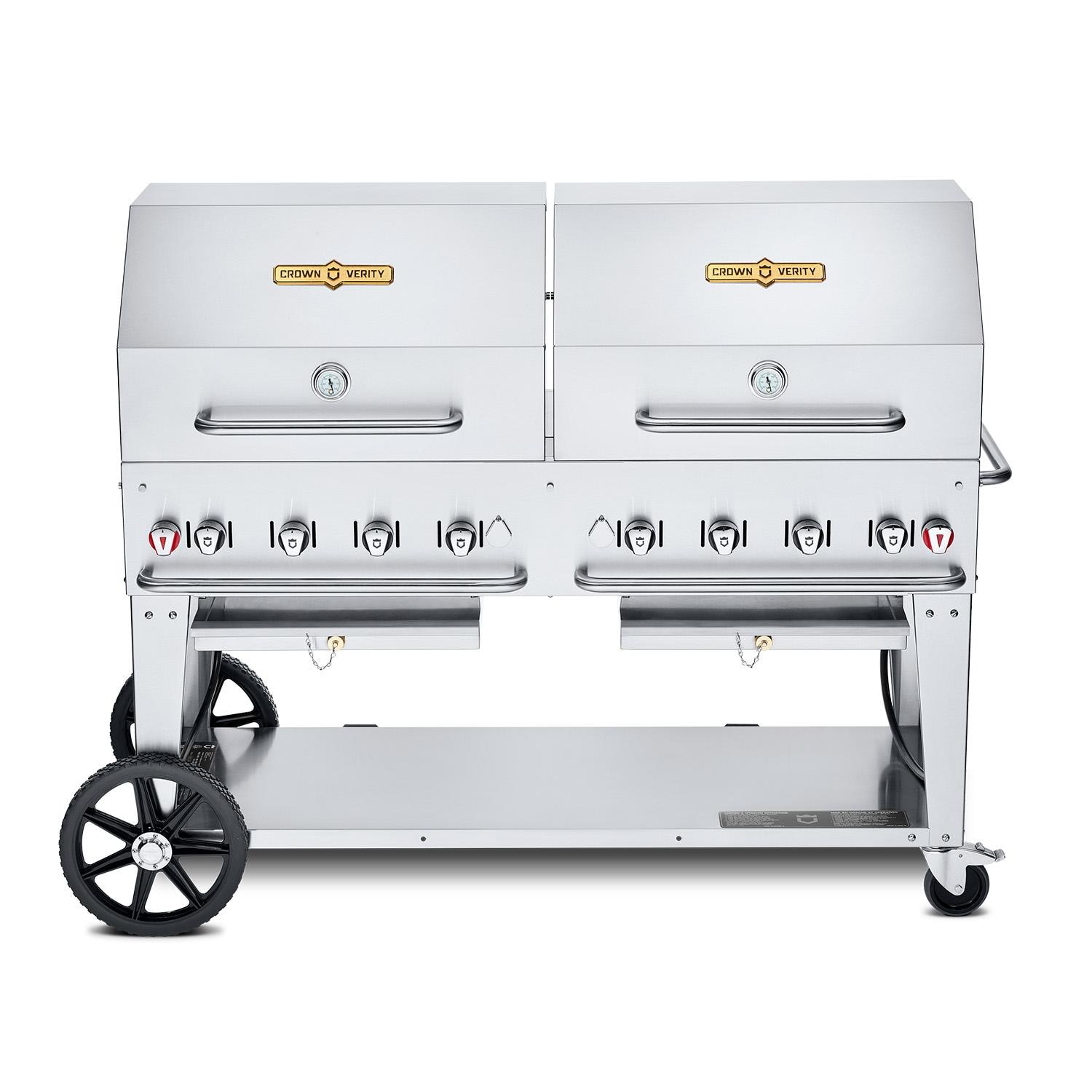 Crown Verity Professional Mobile Series 60 Inch 8 Burner Stainless Steel Freestanding Natural Gas Grill with Double Dome Package