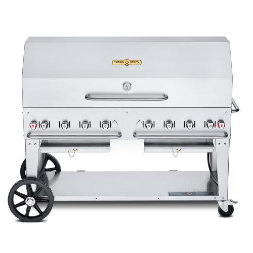 Crown Verity Professional Mobile Series 60 Inch 8 Burner Stainless Steel Freestanding Natural Gas Grill with Single Dome Package