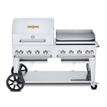 Crown Verity Professional Mobile Series 60 Inch 8 Burner Stainless Steel Freestanding Gas Grill with Single Dome Package and Griddle350