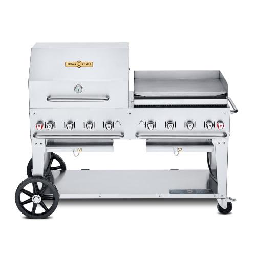 Crown Verity Professional Mobile Series 60 Inch 8 Burner Stainless Steel Freestanding Natural Gas Grill with Single Dome Package  and  Griddle