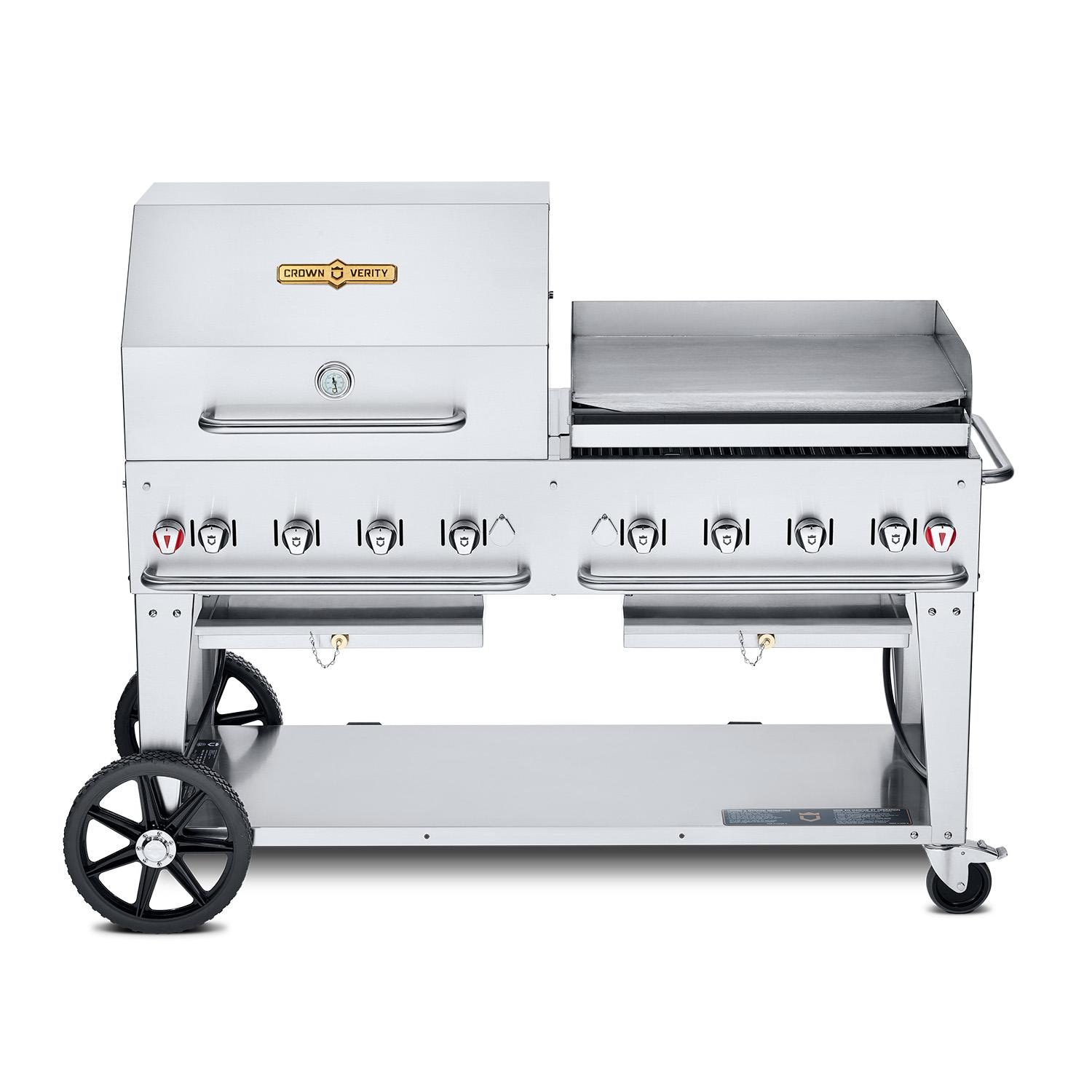 Crown Verity Professional Mobile Series 60 Inch 8 Burner Stainless Steel Freestanding Natural Gas Grill with Single Dome Package  and  Griddle