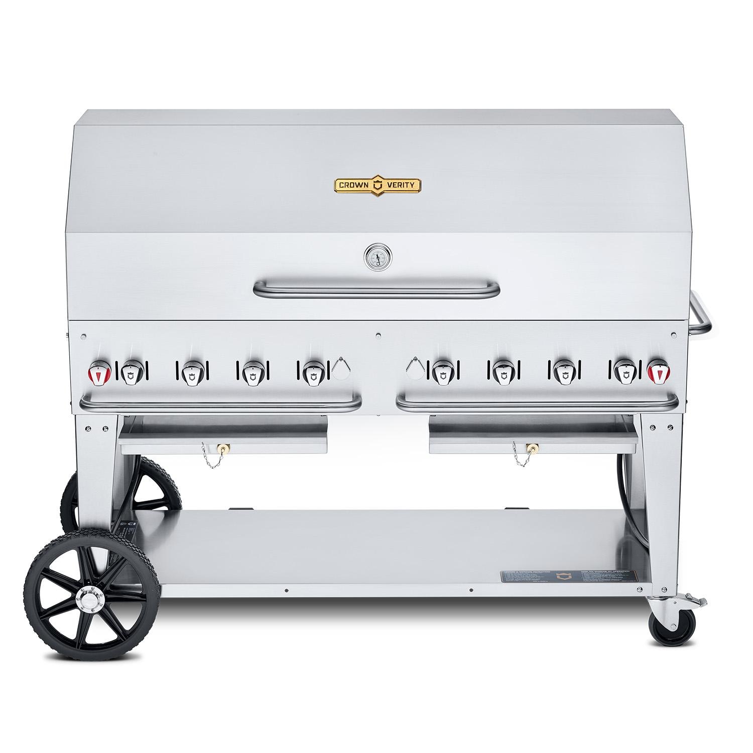 Crown Verity Professional Mobile Series 60 Inch 8 Burner Stainless Steel Freestanding Natural Gas Grill with Single Dome Package