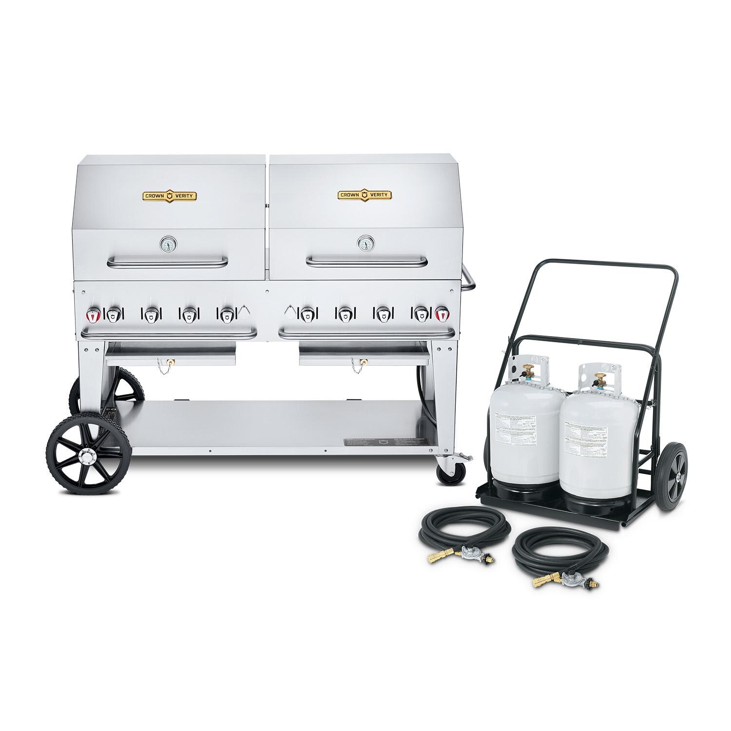 Crown Verity Professional Mobile Series 60 Inch 8 Burner Stainless Steel Freestanding Propane Gas Grill with Double Dome Package  and  Propane Tank Cart