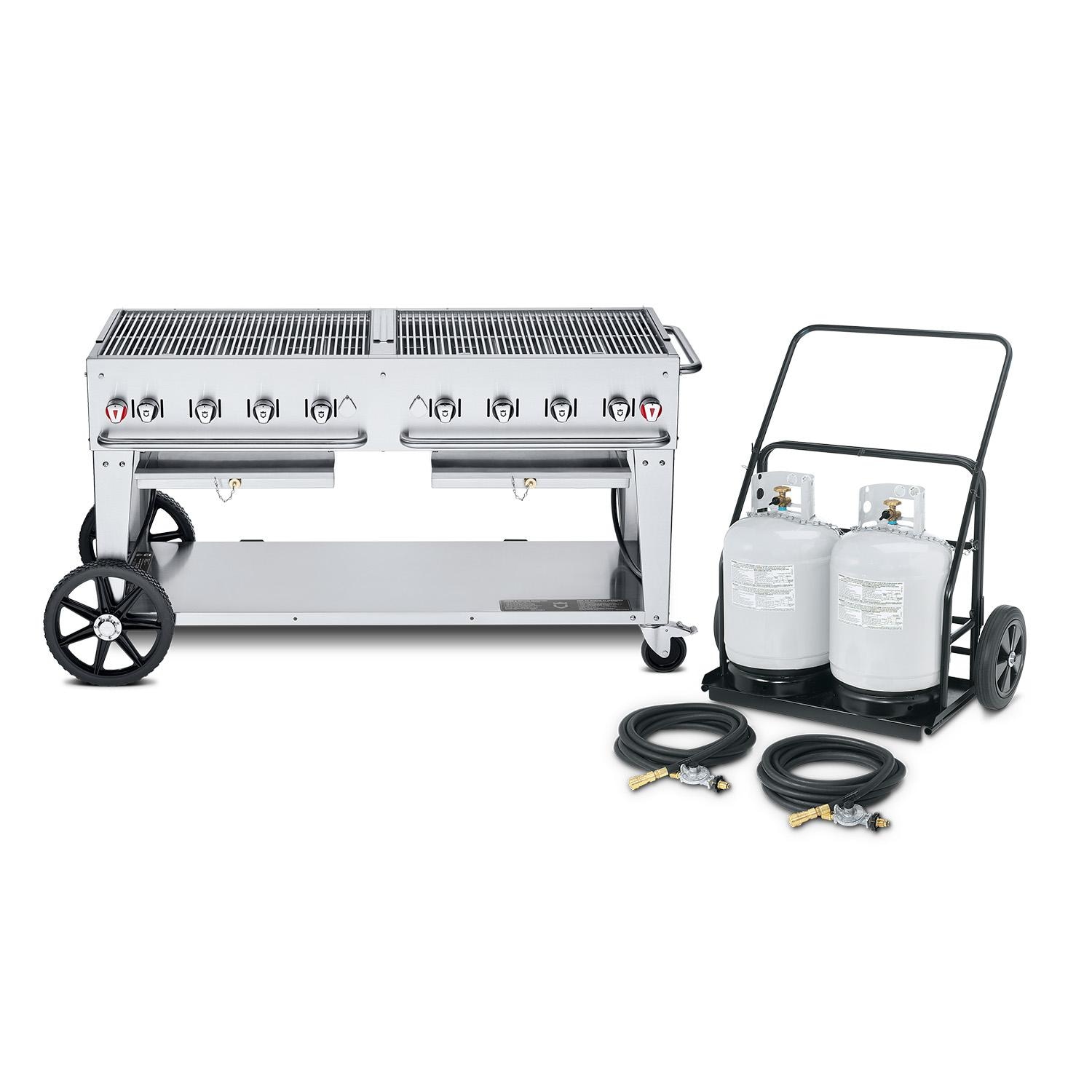Crown Verity Professional Mobile Series 60 Inch 8 Burner Stainless Steel Freestanding Propane Gas Grill with Propane Tank Cart