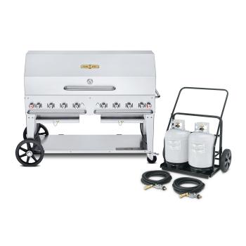 Crown Verity Professional Mobile Series 60 Inch 8 Burner Stainless Steel Freestanding Propane Gas Grill with Single Dome Package and Propane Tank Cart350