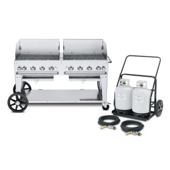 Crown Verity Professional Mobile Series 60 Inch 8 Burner Stainless Steel Freestanding Propane Gas Grill with Windguards and Propane Tank Cart350