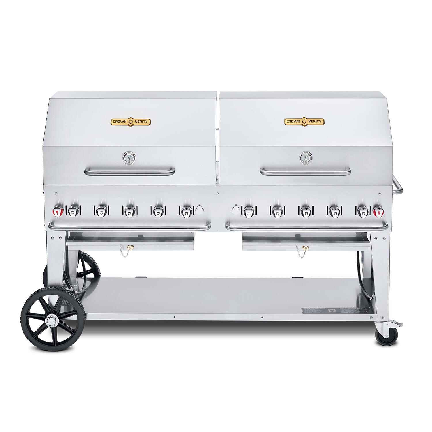 Crown Verity Professional Mobile Series 72 Inch 10 Burner Stainless Steel Freestanding Natural Gas Grill with Double Dome Package