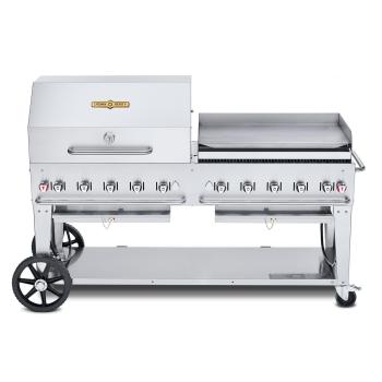 Crown Verity Professional Mobile Series 72 Inch 10 Burner Stainless Steel Freestanding Gas Grill with Single Dome Package and Griddle350