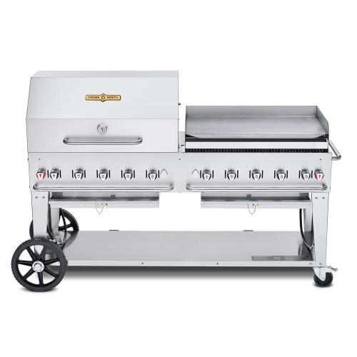 Crown Verity Professional Mobile Series 72 Inch 10 Burner Stainless Steel Freestanding Propane Gas Grill with Single Dome Package  and  Griddle   20 Lb Propane Tank
