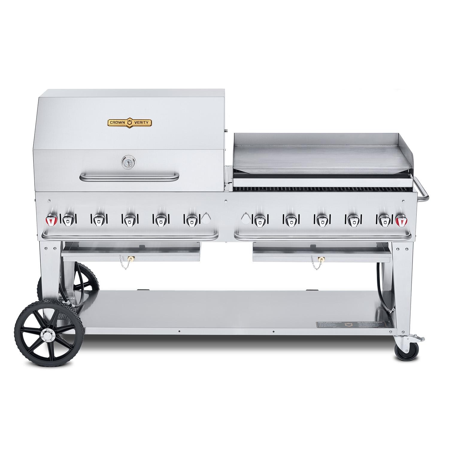 Crown Verity Professional Mobile Series 72 Inch 10 Burner Stainless Steel Freestanding Propane Gas Grill with Single Dome Package  and  Griddle   20 Lb Propane Tank