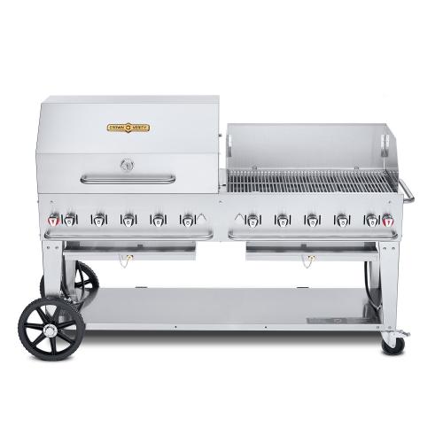 Crown Verity Professional Mobile Series 72 Inch 10 Burner Stainless Steel Freestanding Propane Gas Grill with Single Dome Package  and  Windguard   20 Lb Propane Tank