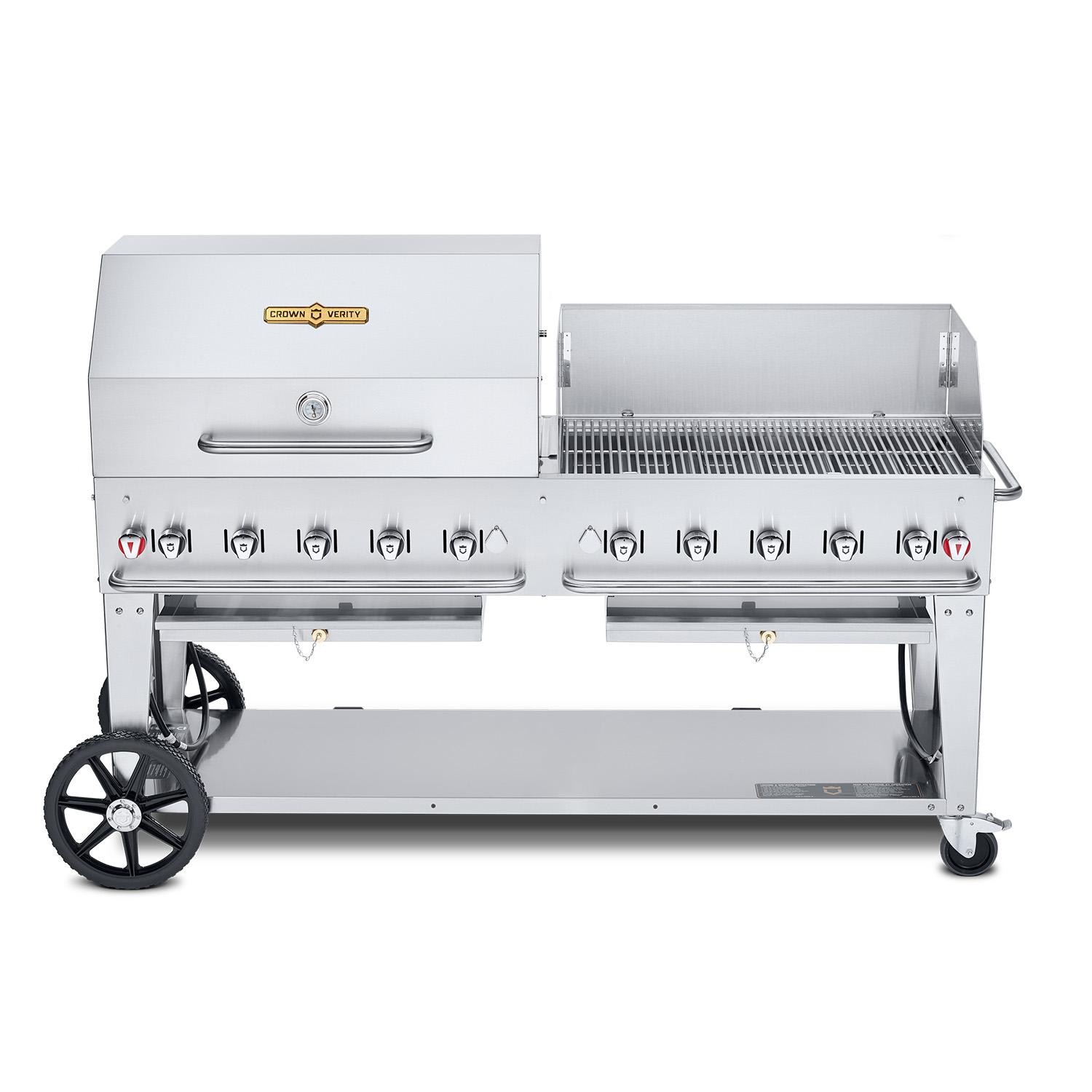 Crown Verity Professional Mobile Series 72 Inch 10 Burner Stainless Steel Freestanding Propane Gas Grill with Single Dome Package  and  Windguard   20 Lb Propane Tank