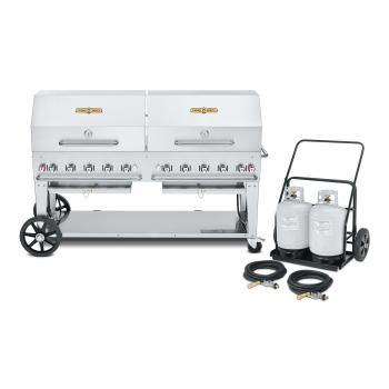 Crown Verity Professional Mobile Series 72 Inch 10 Burner Stainless Steel Freestanding Propane Gas Grill with Double Dome Package and Propane Tank Cart350