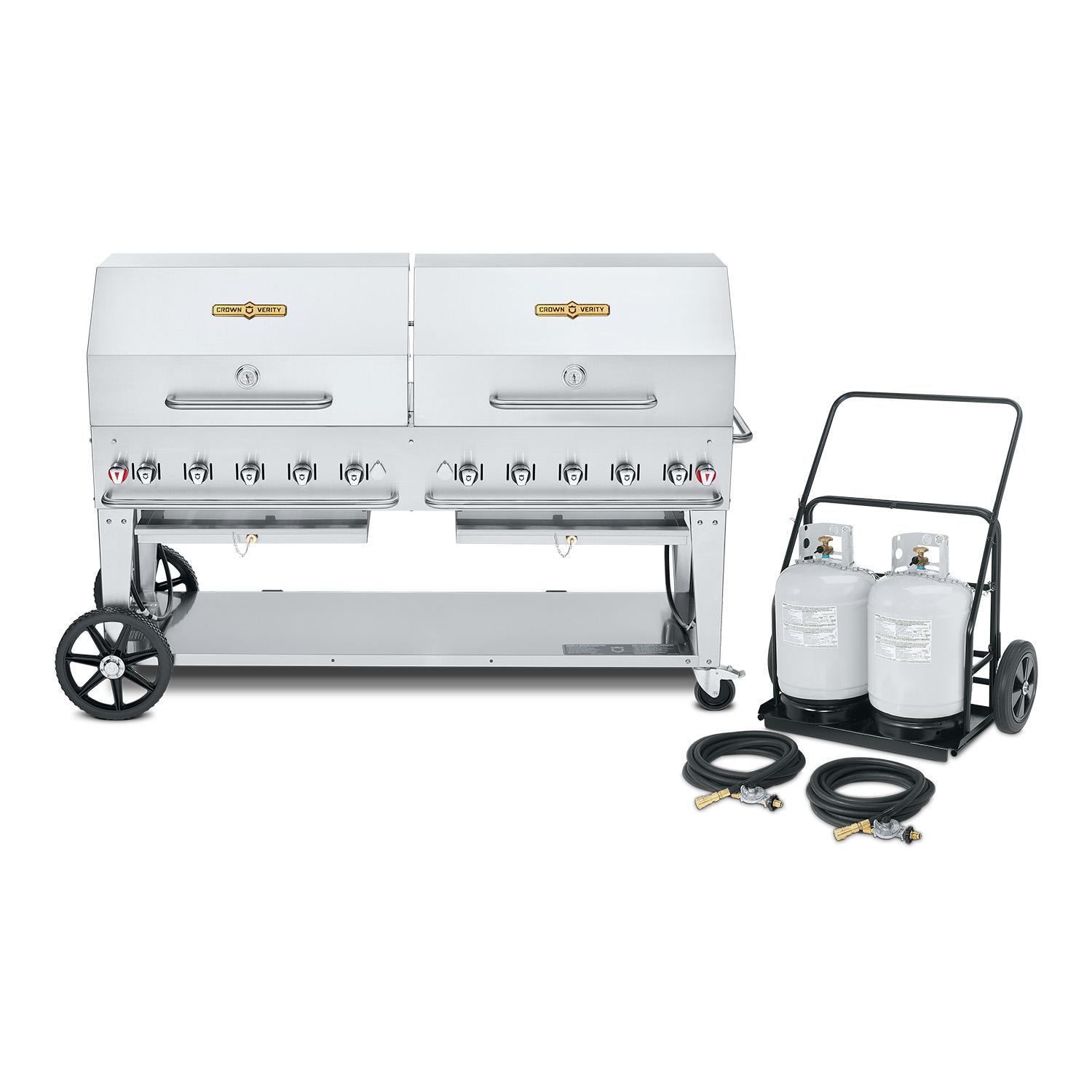 Crown Verity Professional Mobile Series 72 Inch 10 Burner Stainless Steel Freestanding Propane Gas Grill with Double Dome Package  and  Propane Tank Cart