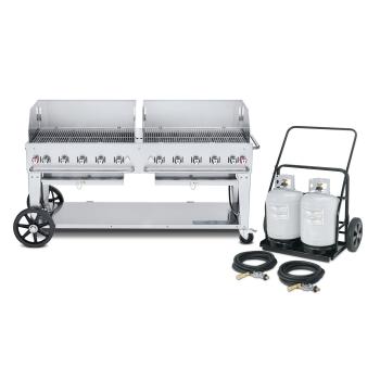 Crown Verity Professional Mobile Series 72 Inch 10 Burner Stainless Steel Freestanding Propane Gas Grill with Windguards and Propane Tank Cart350
