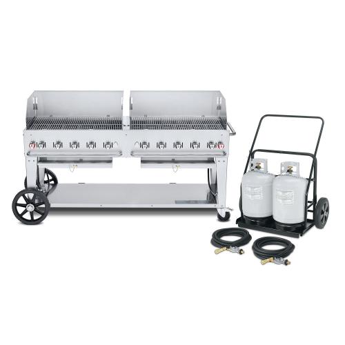 Crown Verity Professional Mobile Series 72 Inch 10 Burner Stainless Steel Freestanding Propane Gas Grill with Windguards  and  Propane Tank Cart