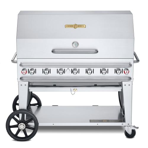 Crown Verity Professional Rental Series 48 Inch 7 Burner Stainless Steel Freestanding Propane Gas Grill with Dome Package   20 Lb Propane Tank