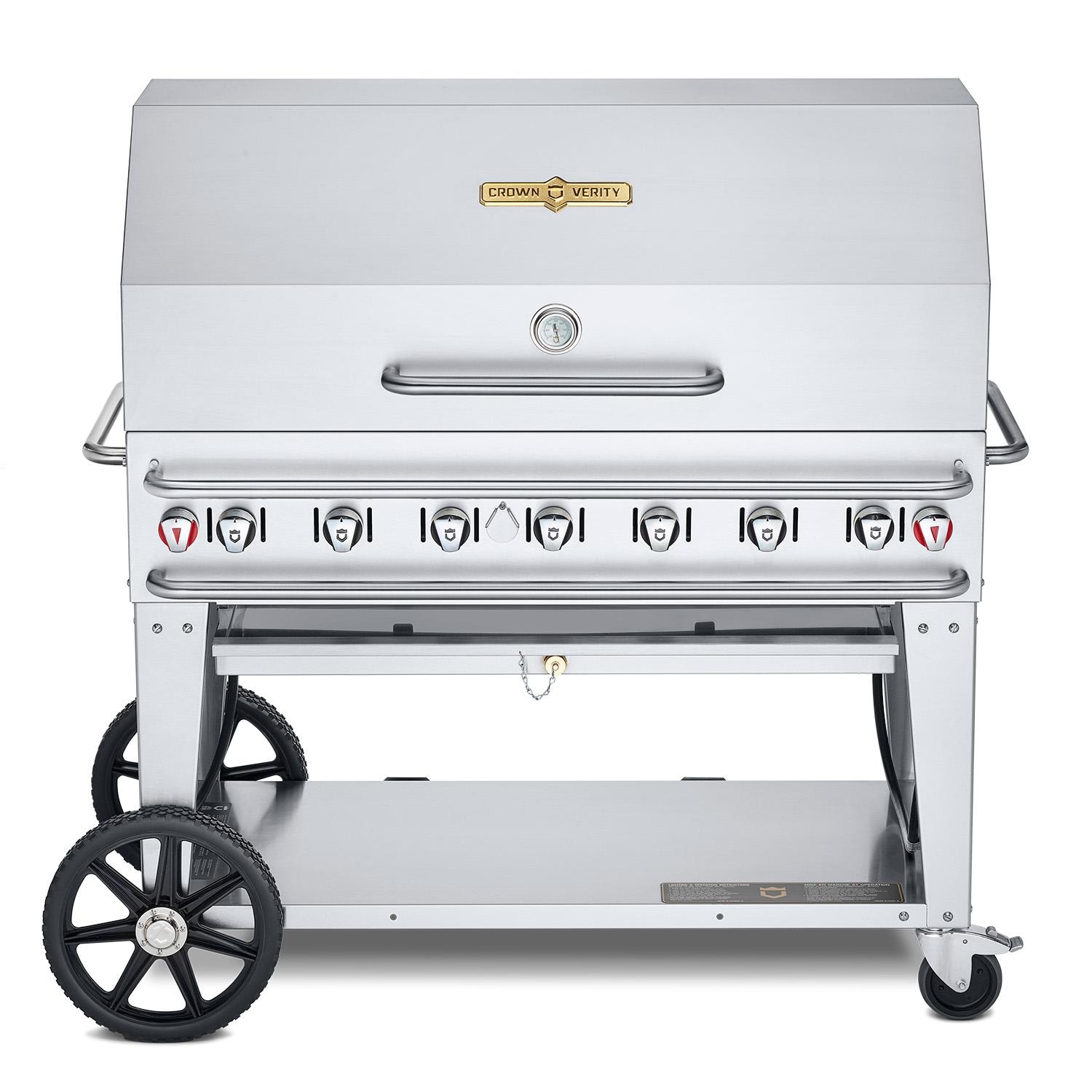 Crown Verity Professional Rental Series 48 Inch 7 Burner Stainless Steel Freestanding Propane Gas Grill with Dome Package   20 Lb Propane Tank