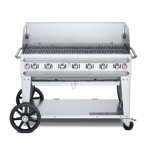 Crown Verity Professional Rental Series 48 Inch 7 Burner Stainless Steel Freestanding Propane Gas Grill with Windguard   20 Lb Propane Tank