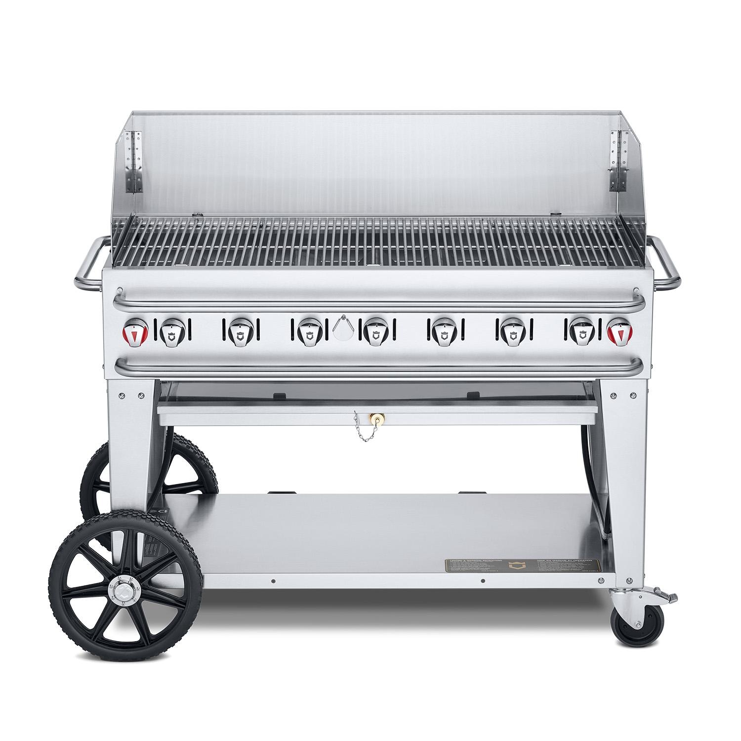 Crown Verity Professional Rental Series 48 Inch 7 Burner Stainless Steel Freestanding Propane Gas Grill with Windguard   20 Lb Propane Tank