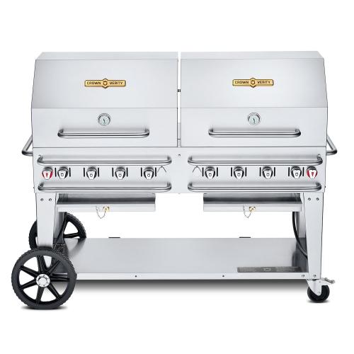 Crown Verity Professional Rental Series 60 Inch 8 Burner Stainless Steel Freestanding Propane Gas Grill with Double Dome Package   20 Lb Propane Tank