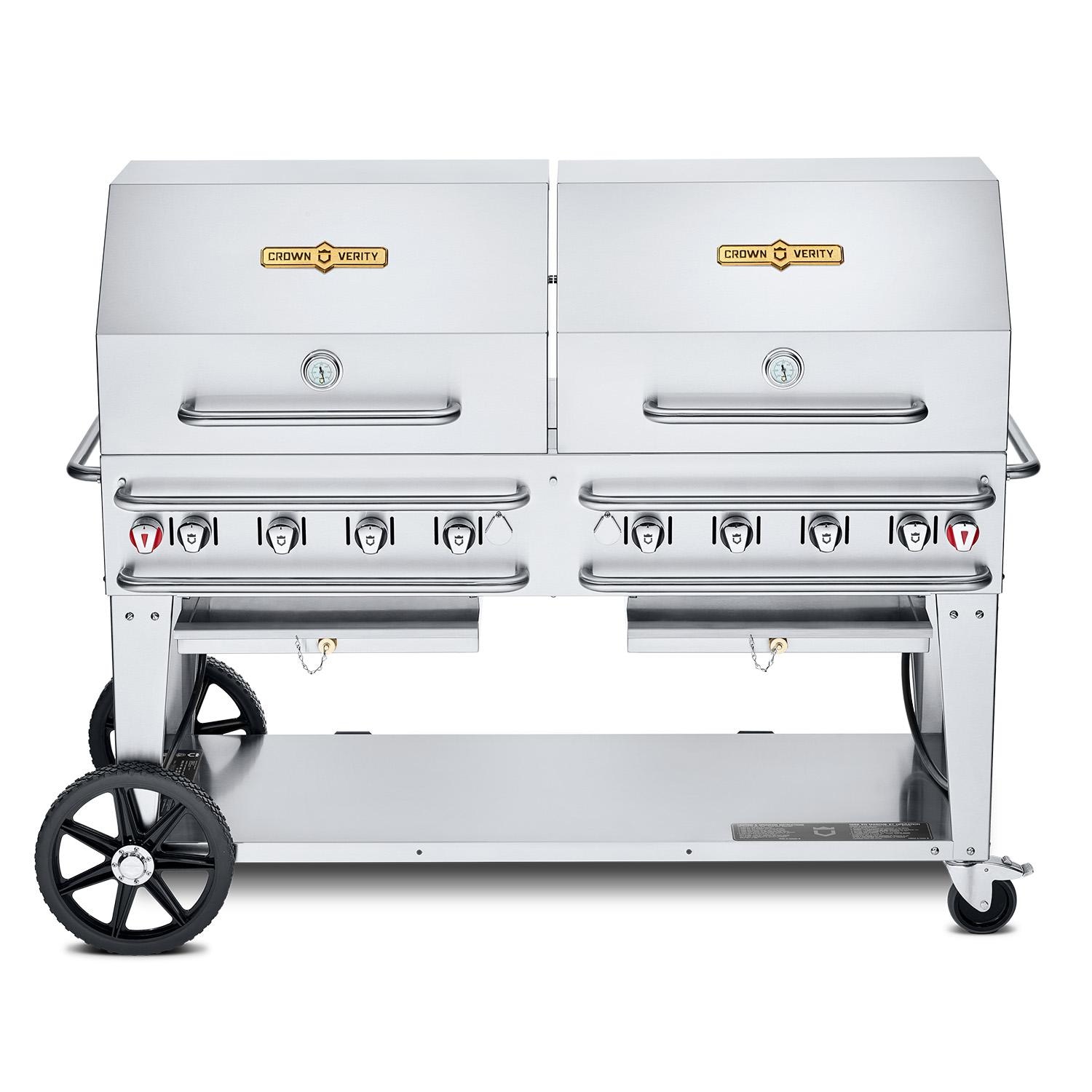 Crown Verity Professional Rental Series 60 Inch 8 Burner Stainless Steel Freestanding Propane Gas Grill with Double Dome Package   20 Lb Propane Tank