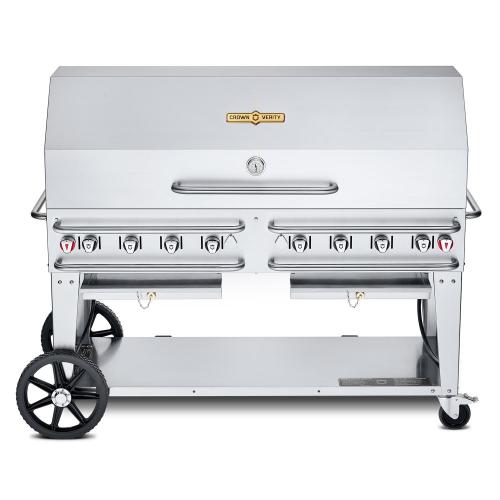 Crown Verity Professional Rental Series 60 Inch 8 Burner Stainless Steel Freestanding Propane Gas Grill with Single Dome Package   20 Lb Propane Tank