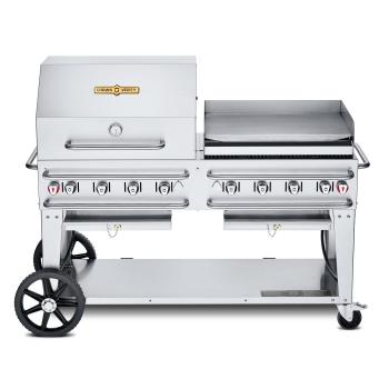 Crown Verity Professional Rental Series 60 Inch 8 Burner Stainless Steel Freestanding Propane Gas Grill with Single Dome Package and Griddle350