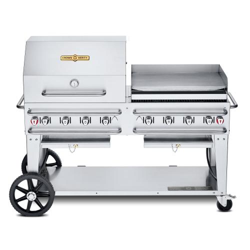 Crown Verity Professional Rental Series 60 Inch 8 Burner Stainless Steel Freestanding Propane Gas Grill with Single Dome Package  and  Griddle   20 Lb Propane Tank